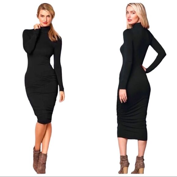 G.I.L.I. Ruched Knit Long Sleeved Midi Dress in Noir Black • Size 1X - Picture 1 of 9